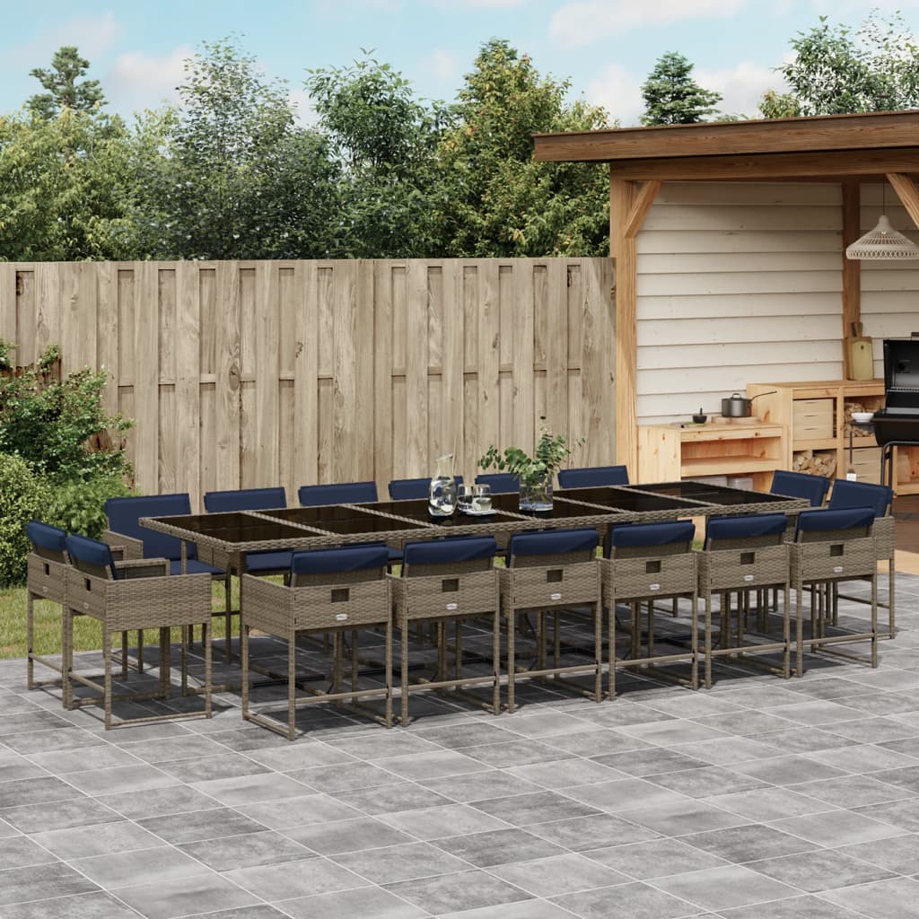 Conjunto de jantar para jardim com 17 peças e almofadas, em rattan sintético cinza