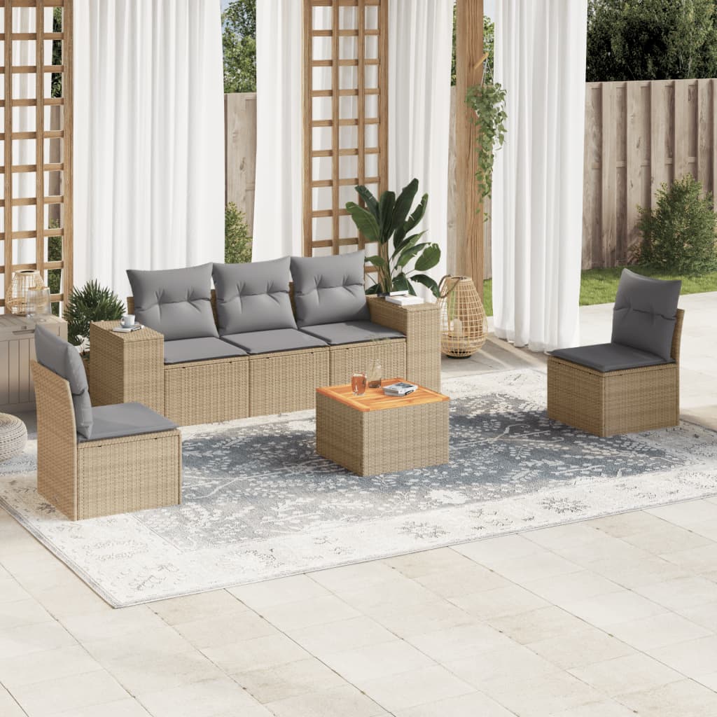 6 Pcs conjunto de sofás p/ jardim com almofadões vime PE bege