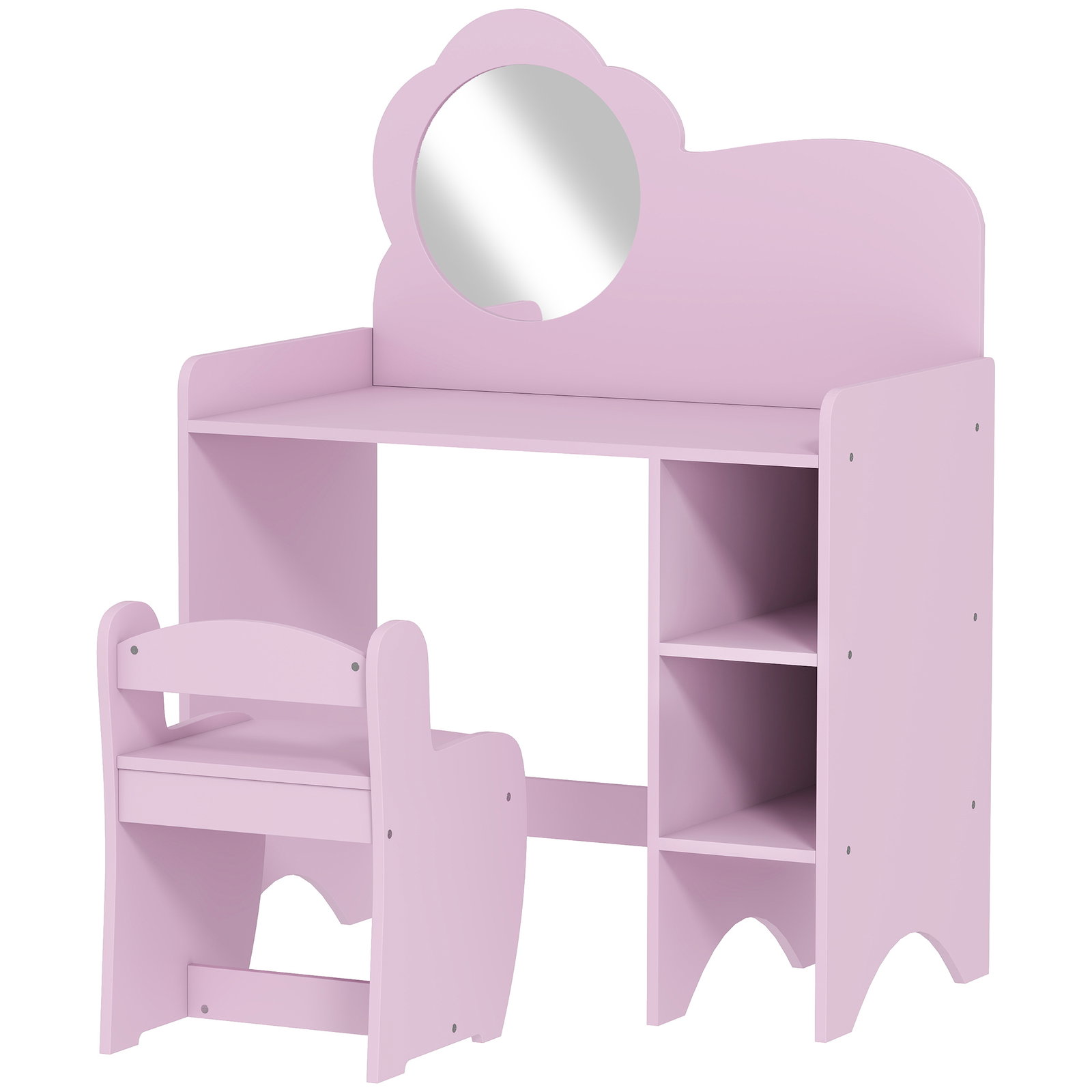 Toucador para crianças com banco e espelho em forma de flor com compartimentos abertos 70x39x92,5 cm roxo