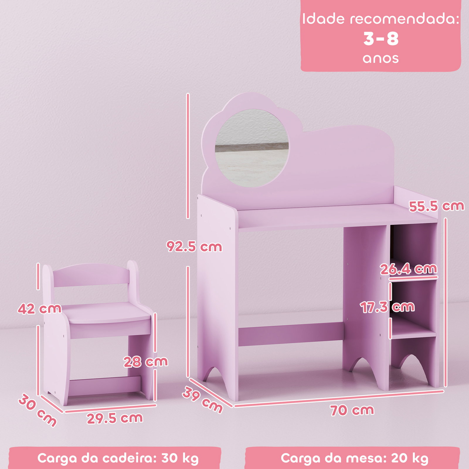 Toucador para crianças com banco e espelho em forma de flor com compartimentos abertos 70x39x92,5 cm roxo