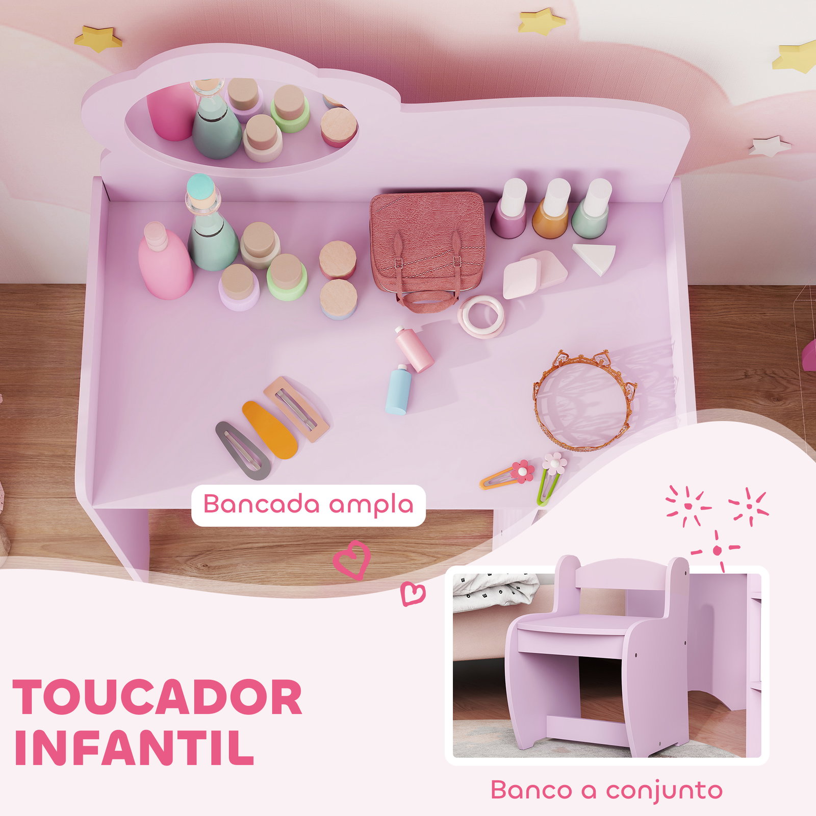 Toucador para crianças com banco e espelho em forma de flor com compartimentos abertos 70x39x92,5 cm roxo
