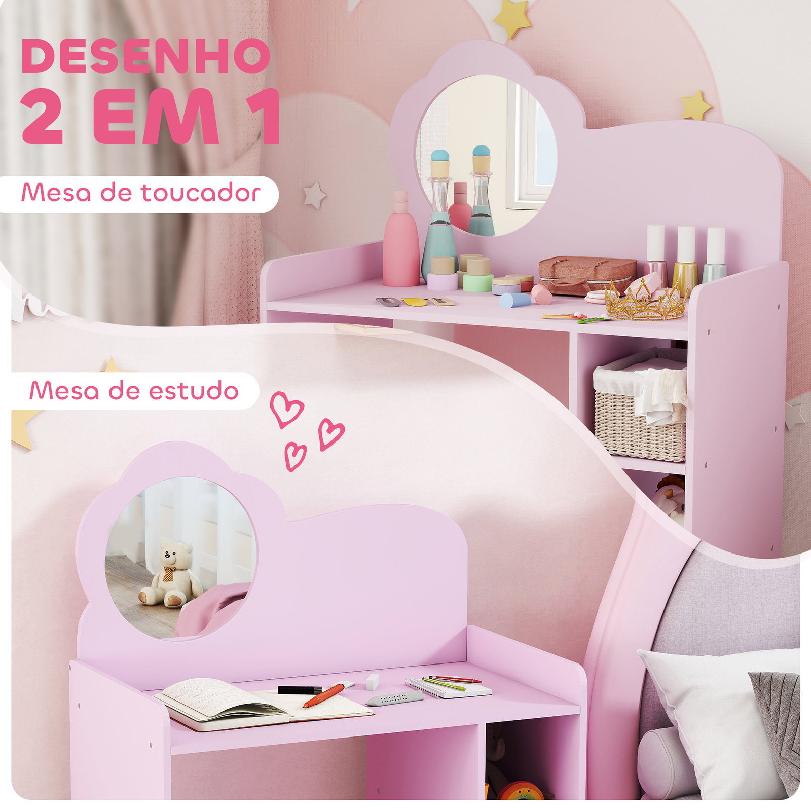 Toucador para crianças com banco e espelho em forma de flor com compartimentos abertos 70x39x92,5 cm roxo