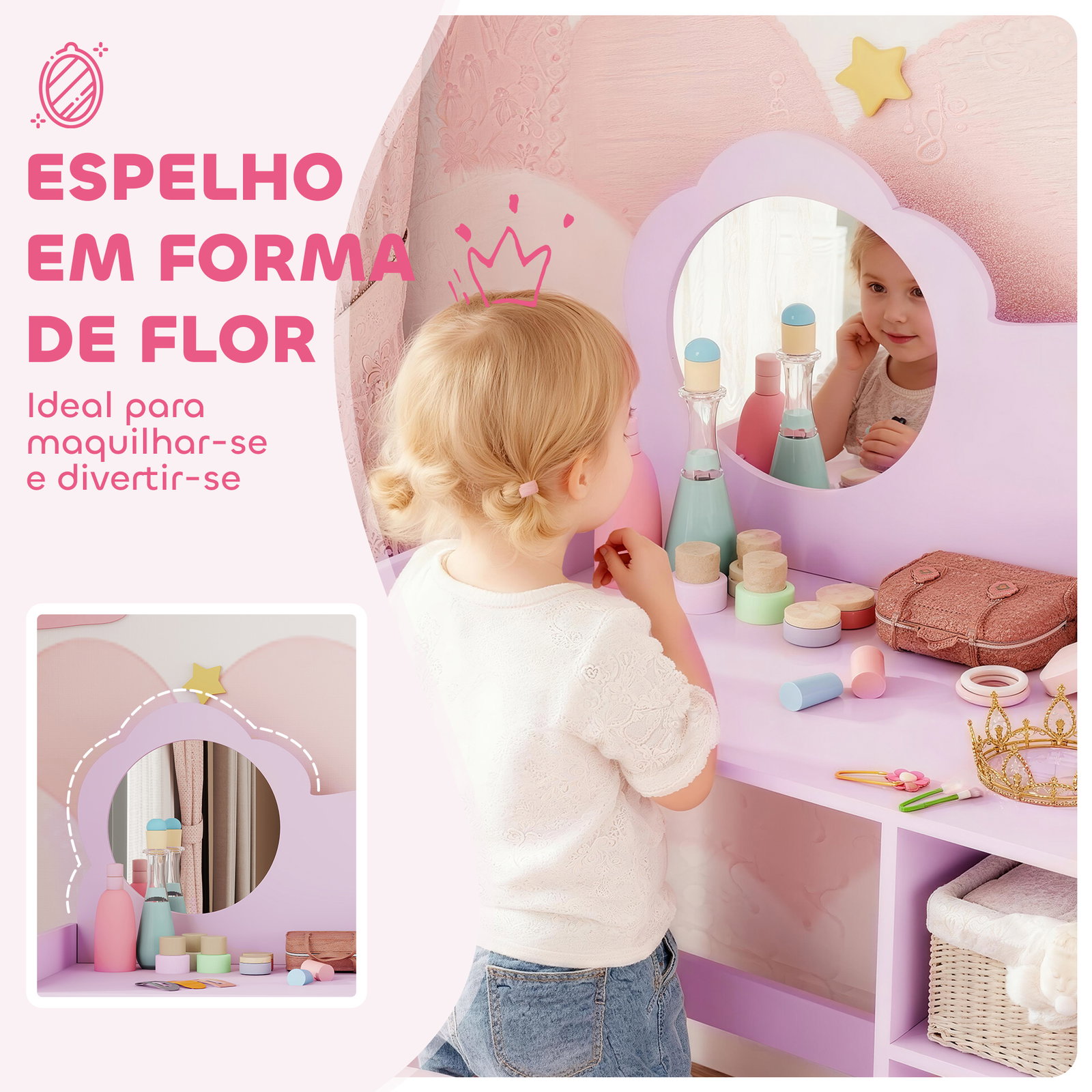 Toucador para crianças com banco e espelho em forma de flor com compartimentos abertos 70x39x92,5 cm roxo