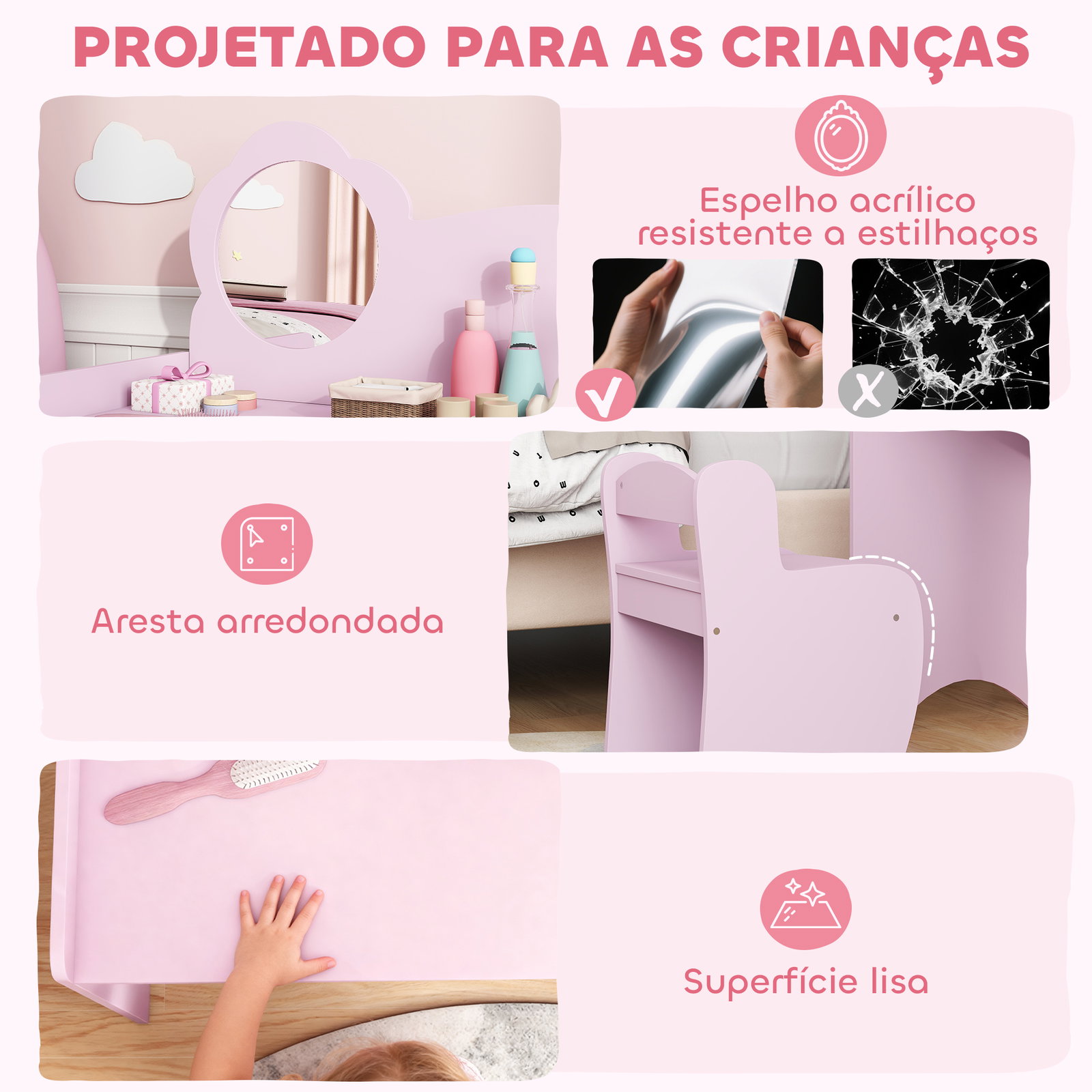 Toucador para crianças com banco e espelho em forma de flor com compartimentos abertos 70x39x92,5 cm roxo