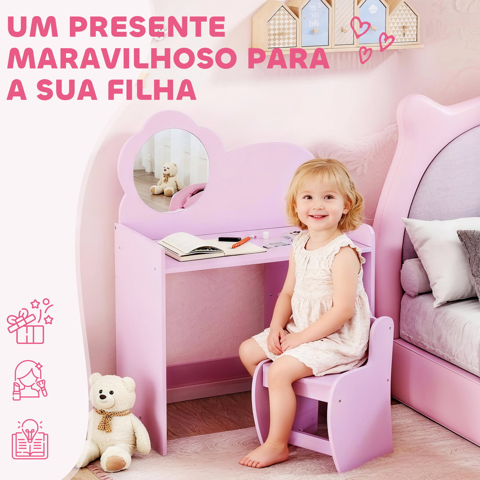 Toucador para crianças com banco e espelho em forma de flor com compartimentos abertos 70x39x92,5 cm roxo