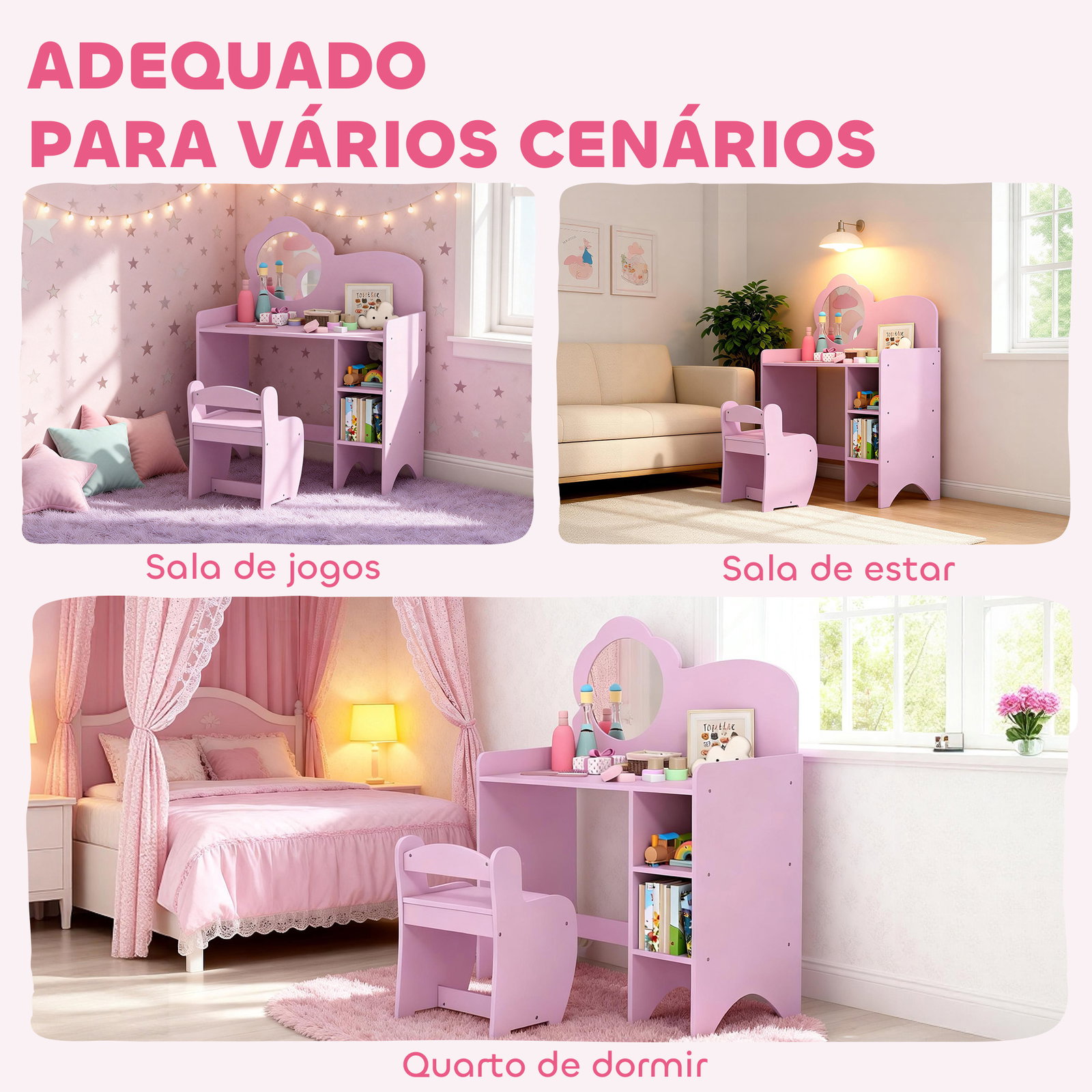 Toucador para crianças com banco e espelho em forma de flor com compartimentos abertos 70x39x92,5 cm roxo