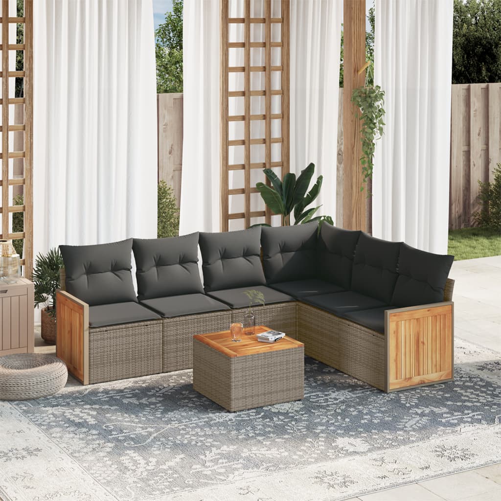 7 Pcs conjunto sofás p/ jardim c/ almofadões vime PE cinzento