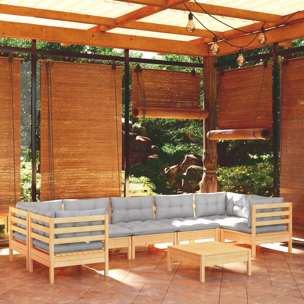 8 Pcs conjunto lounge de jardim c/ almofadões cinza pinho