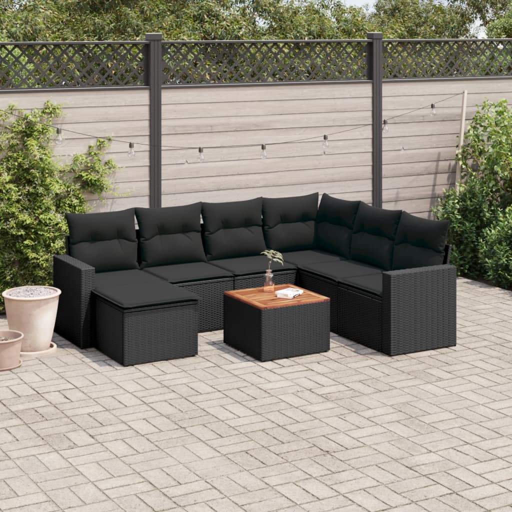 8 Pcs conjunto sofás de jardim com almofadões vime PE preto