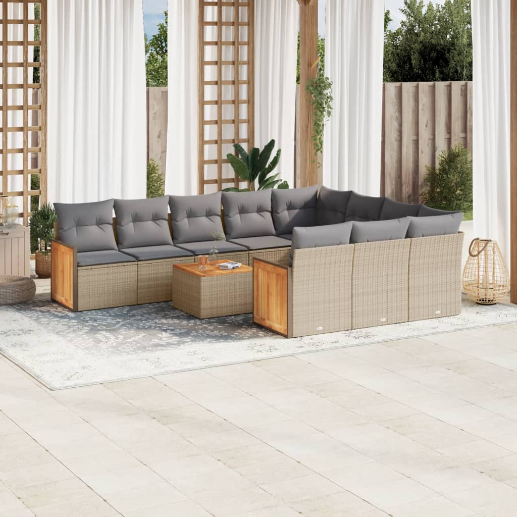 11 Pcs conjunto sofás de jardim c/ almofadões vime PE bege