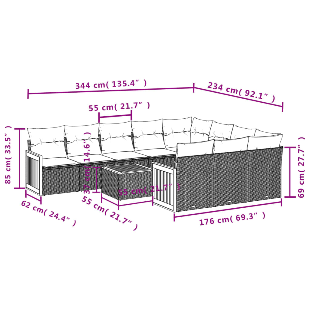 11 Pcs conjunto sofás de jardim c/ almofadões vime PE bege
