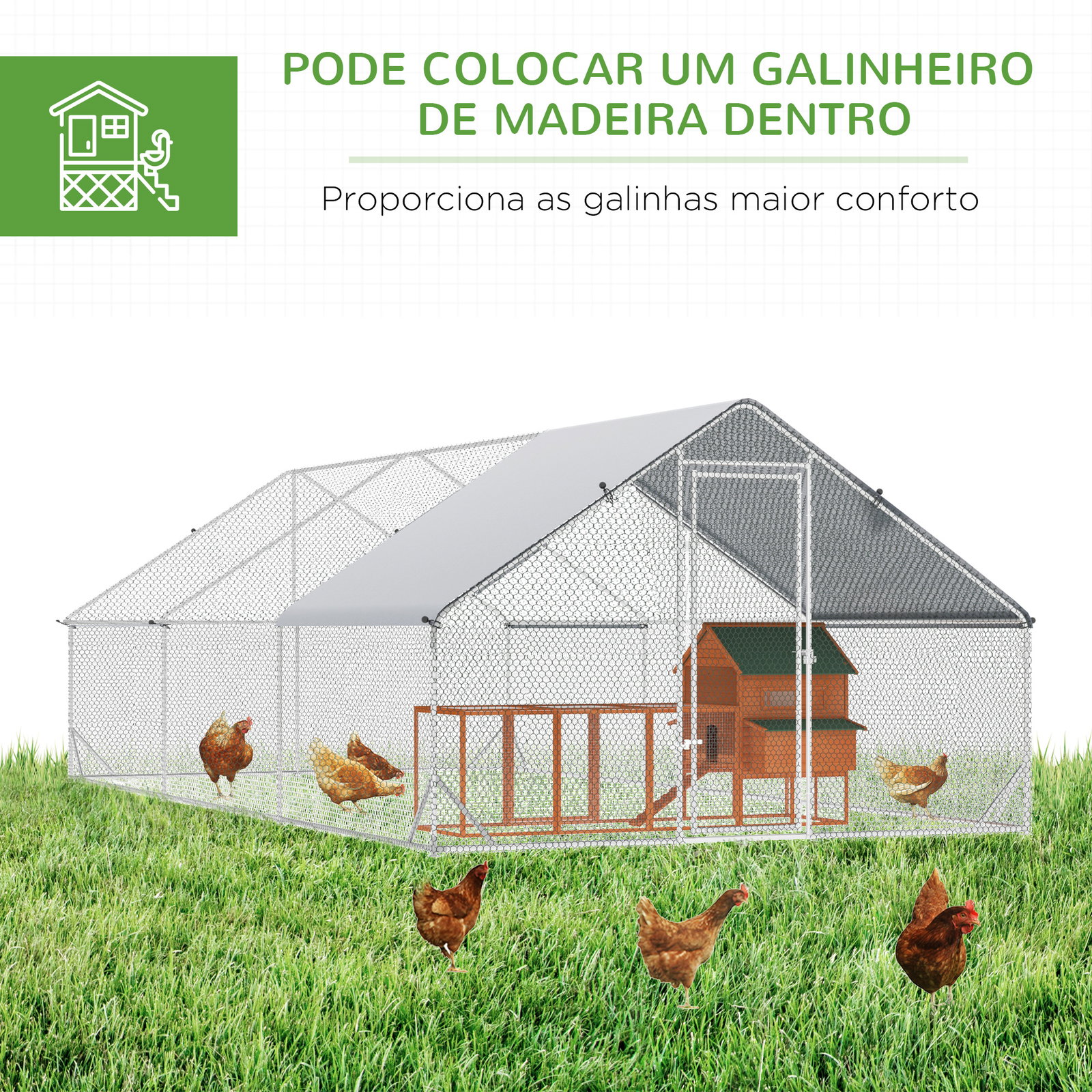 Galinheiro de Exterior Grande 3x6x2m Gaiola para 12-18 Galinhas de Aço Galvanizado com Teto de PE e Fechadura para Coelhos Prata