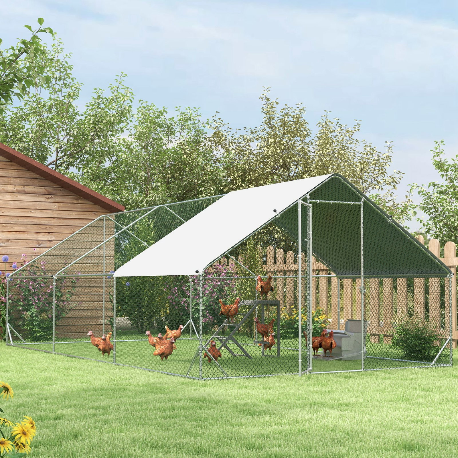 Galinheiro de Exterior Grande 3x6x2m Gaiola para 12-18 Galinhas de Aço Galvanizado com Teto de PE e Fechadura para Coelhos Prata