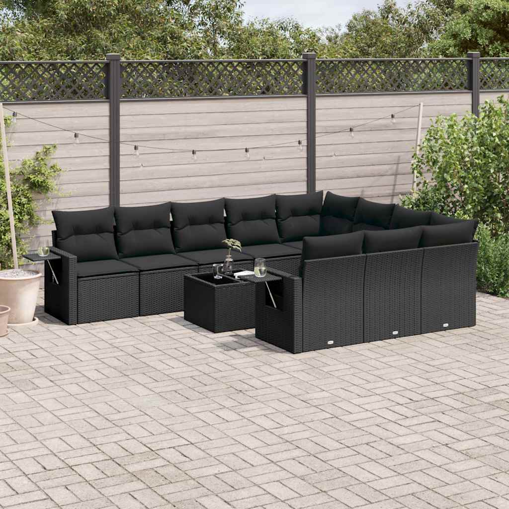 11 Pcs conjunto sofás de jardim c/ almofadões vime PE preto