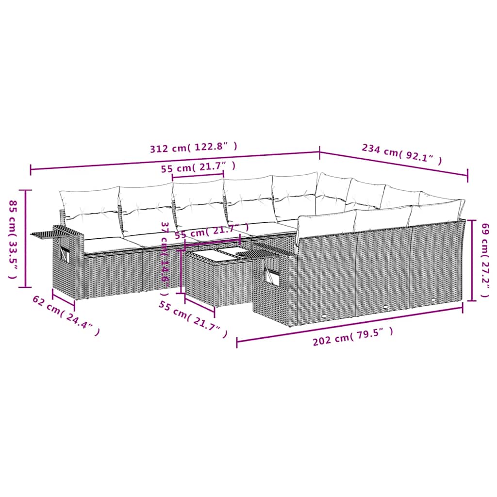 11 Pcs conjunto sofás de jardim c/ almofadões vime PE preto