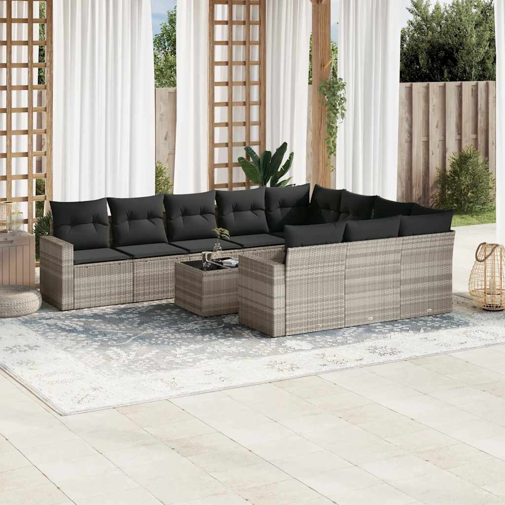 11 Pcs conjunto sofás de jardim c/ almofadões vime PE cinzento