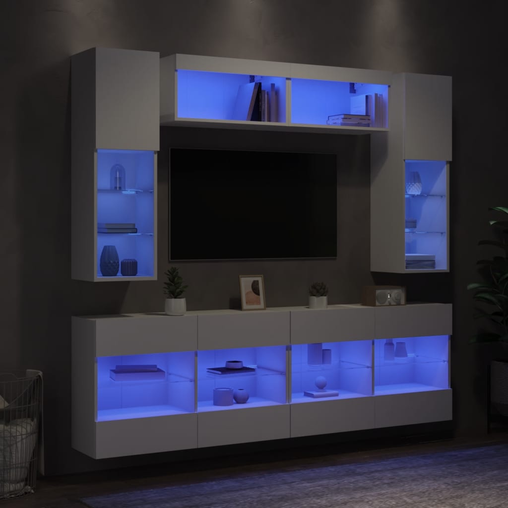 6 Pcs conjunto de móveis de parede para TV com luzes LED branco