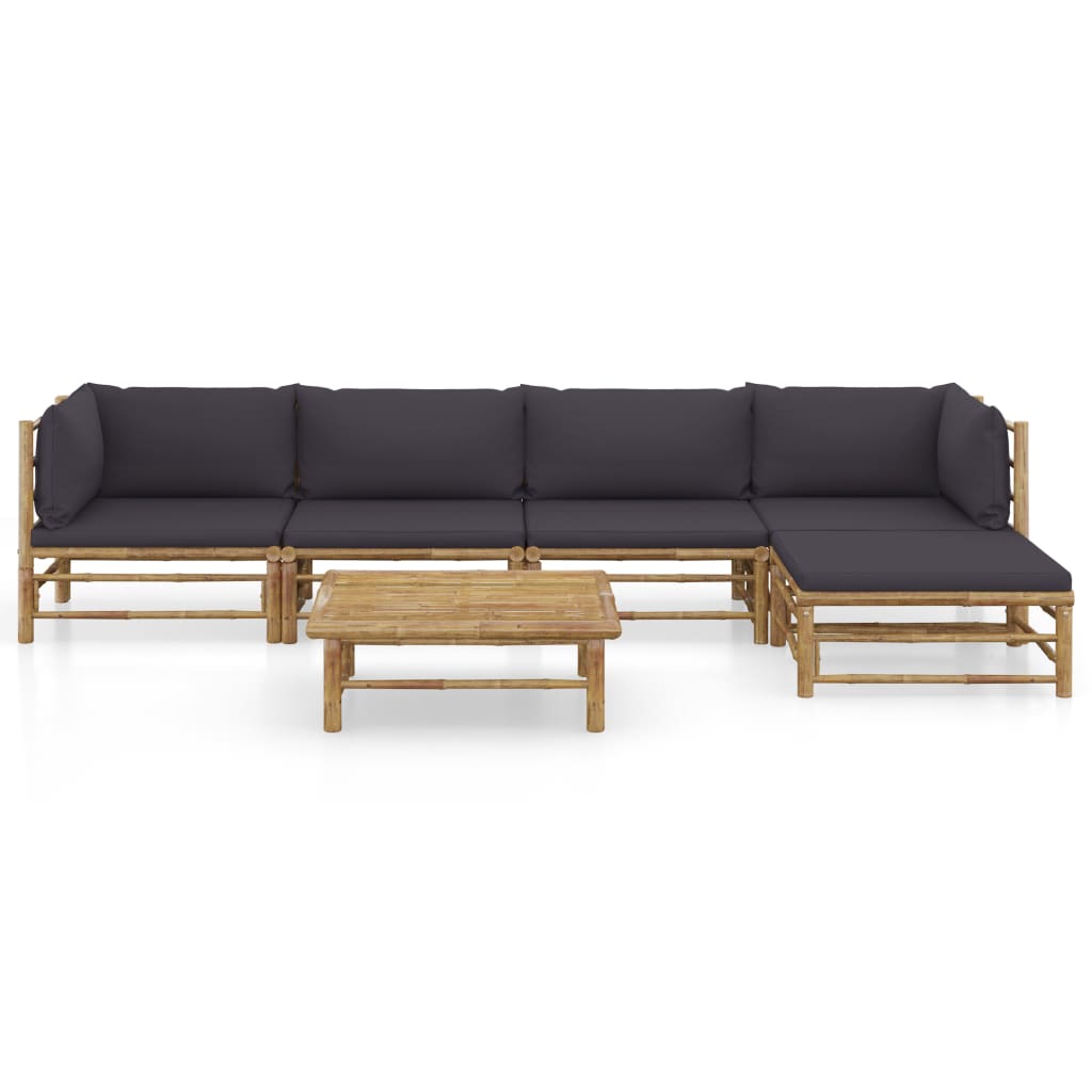 6 Pcs conj. lounge jardim em bambu c/ almofadões cinza-escuro
