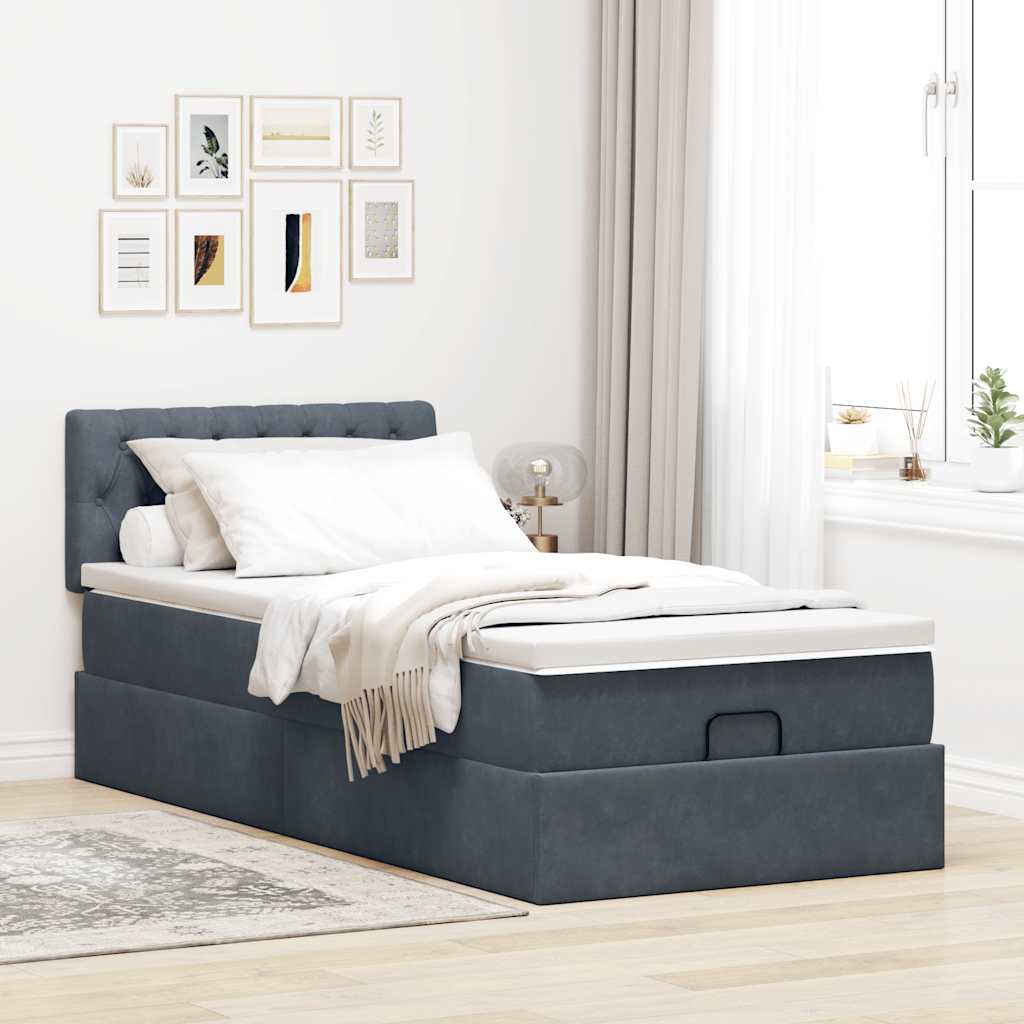 Moldura de cama otomana com colchão cinza escuro veludo