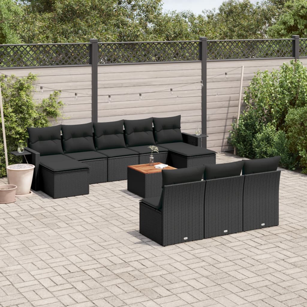 11 Pcs conjunto sofás de jardim c/ almofadões vime PE preto