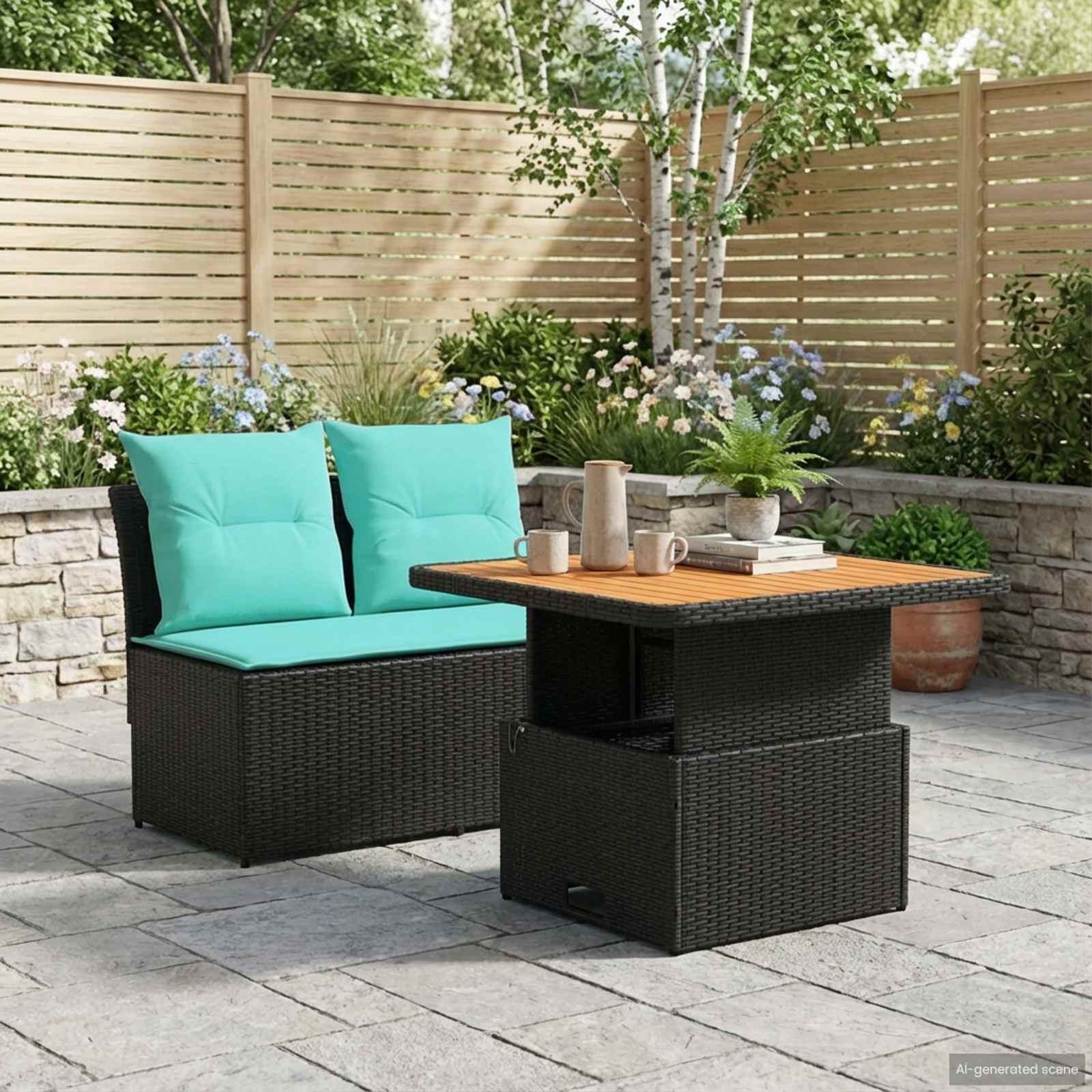 2 Peça sofá do meio para jardim com mesa elevatória vime PE