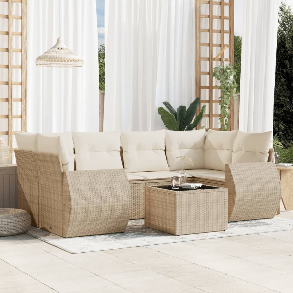 7 Pcs conjunto de sofás p/ jardim com almofadões vime PE bege