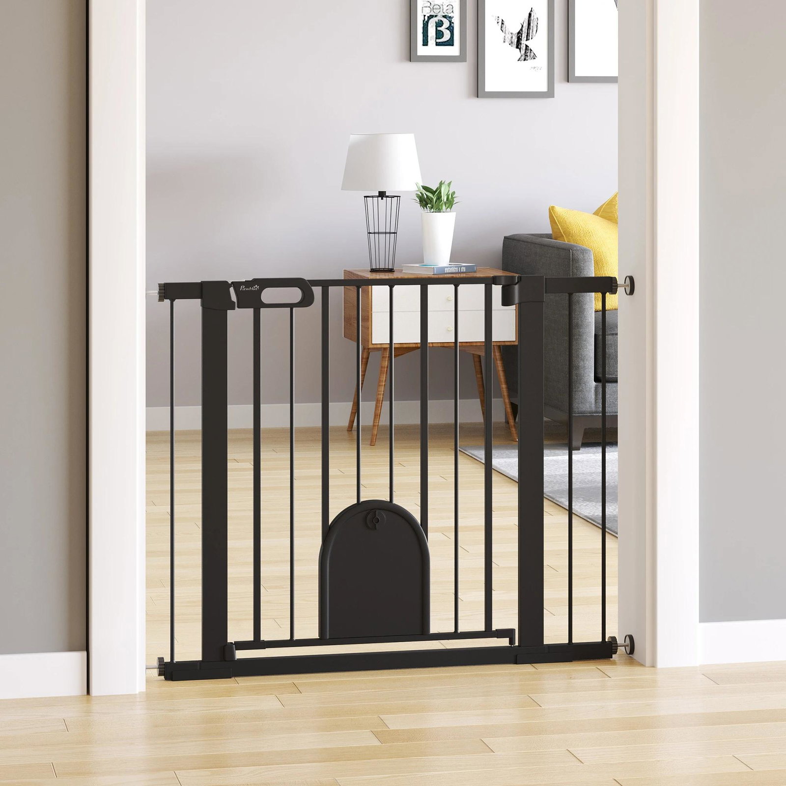 Barreira de Segurança de Cães Animais de Estimação para Escadas e Portas 75-103cm com 2 Extensões Fechamento Automático e Sistem