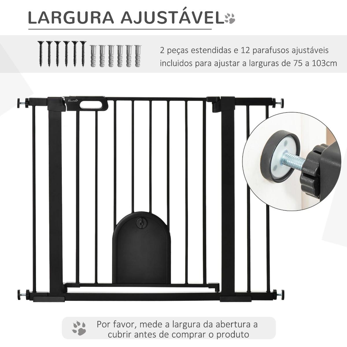 Barreira de Segurança de Cães Animais de Estimação para Escadas e Portas 75-103cm com 2 Extensões Fechamento Automático e Sistem