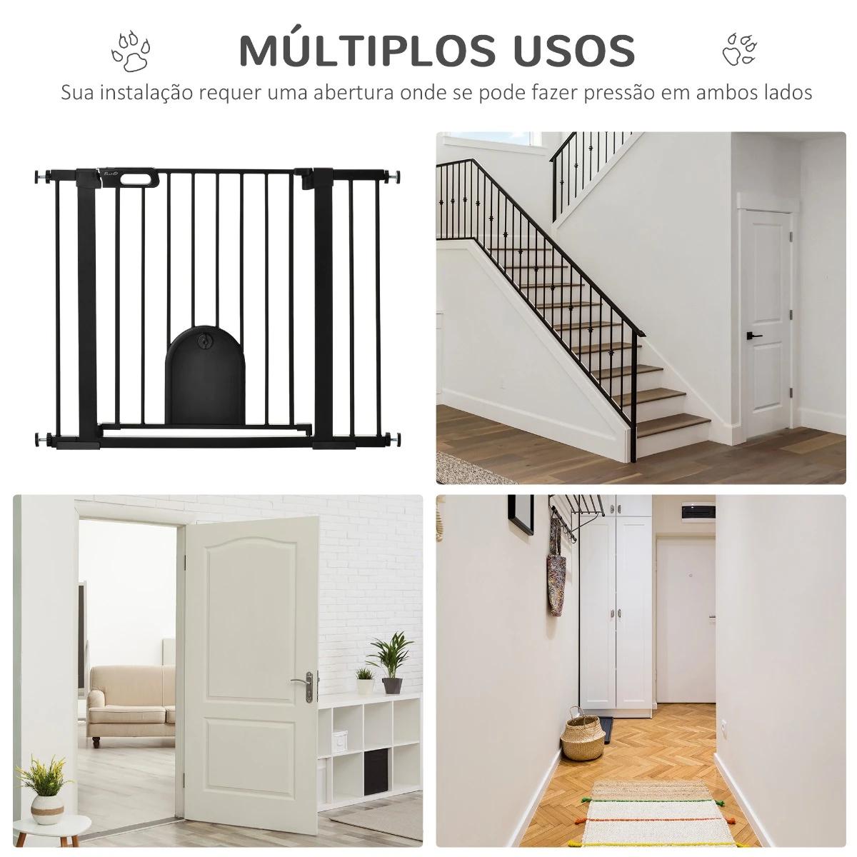 Barreira de Segurança de Cães Animais de Estimação para Escadas e Portas 75-103cm com 2 Extensões Fechamento Automático e Sistem