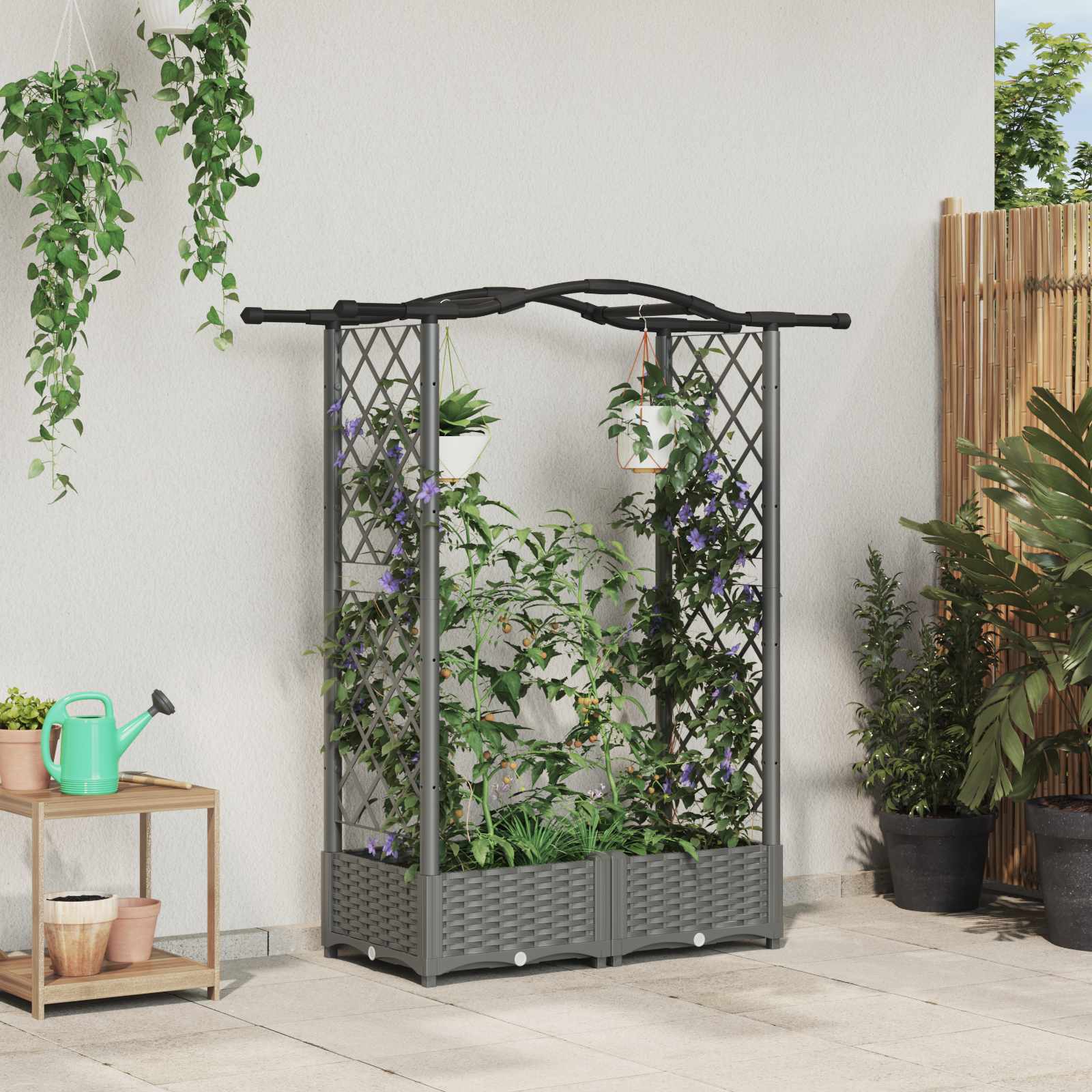 Cama elevada com treliça e telhado cinzento-claro PP