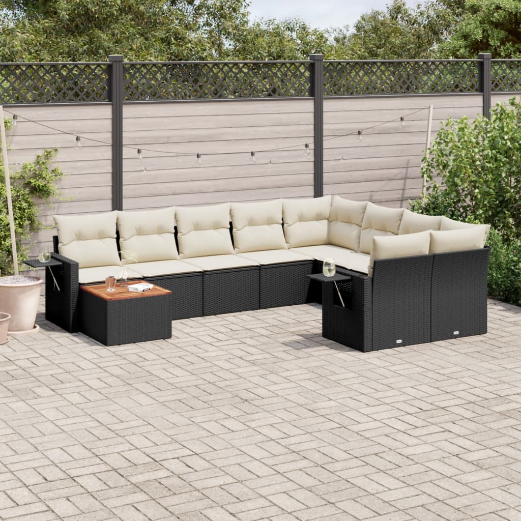 10 Pcs conjunto sofás de jardim c/ almofadões vime PE preto