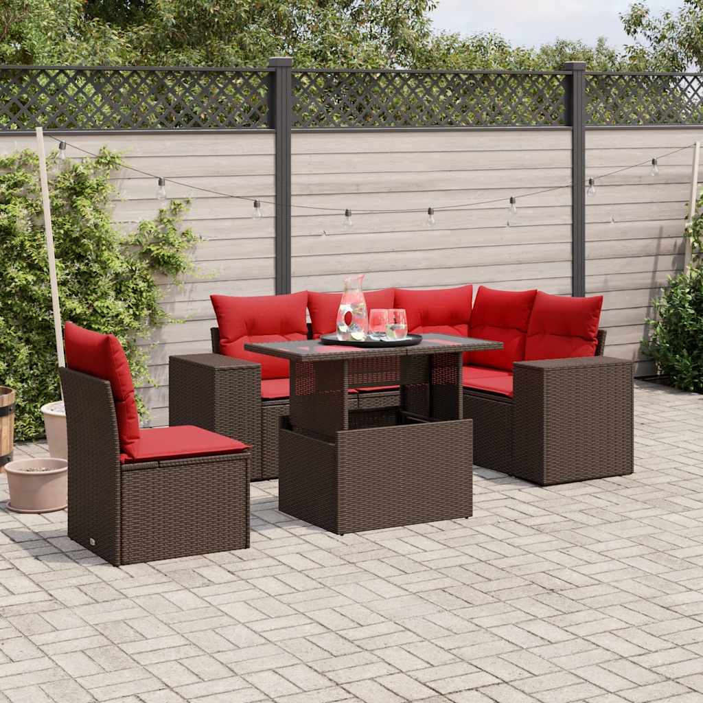 Conjunto de sofá de jardim com 6 peças e almofadas em rattan sintético marrom