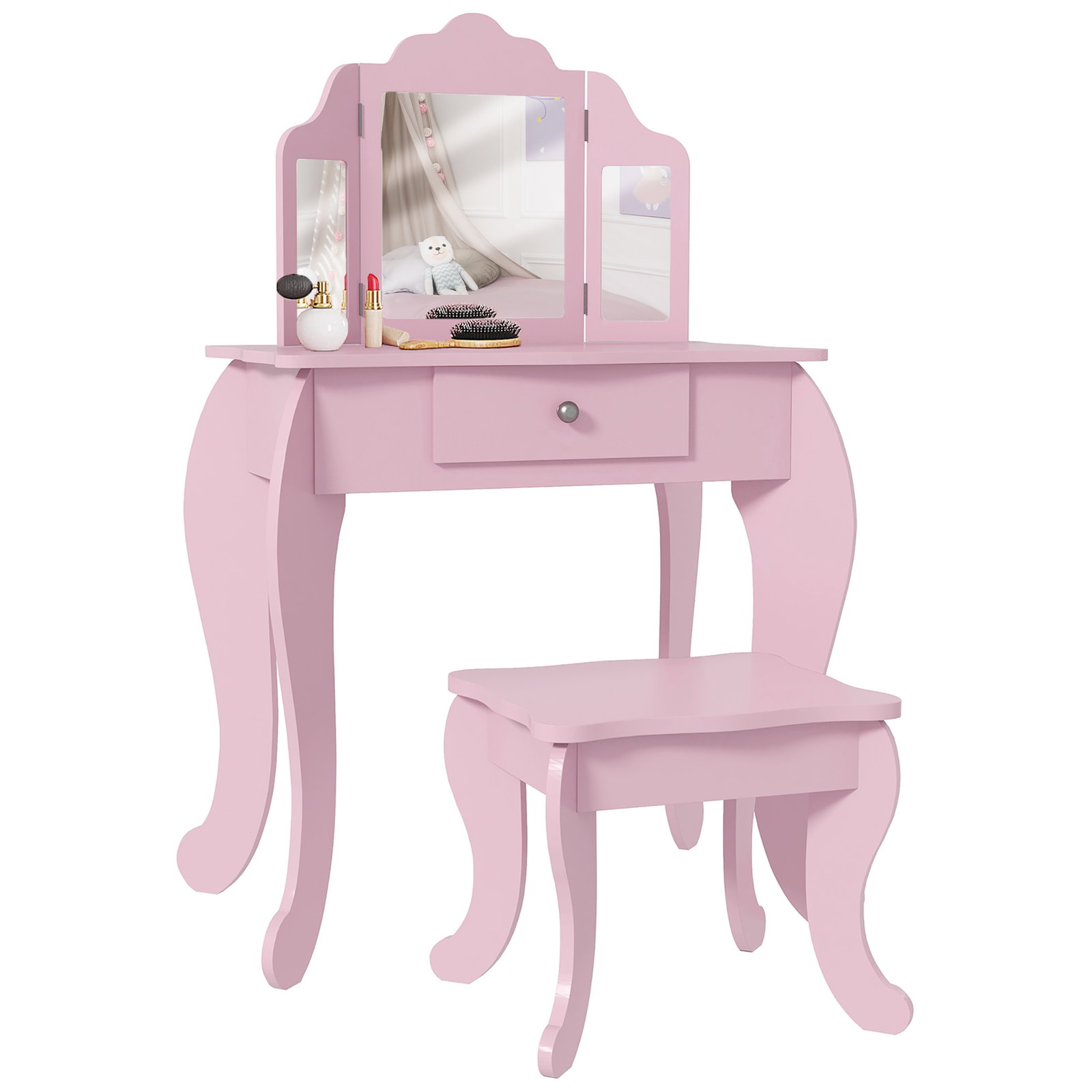 Toucador infantil de madeira com banco e espelho de acrílico de 2 seções mesa de maquilhagem infantil 63x40x85,5 cm rosa