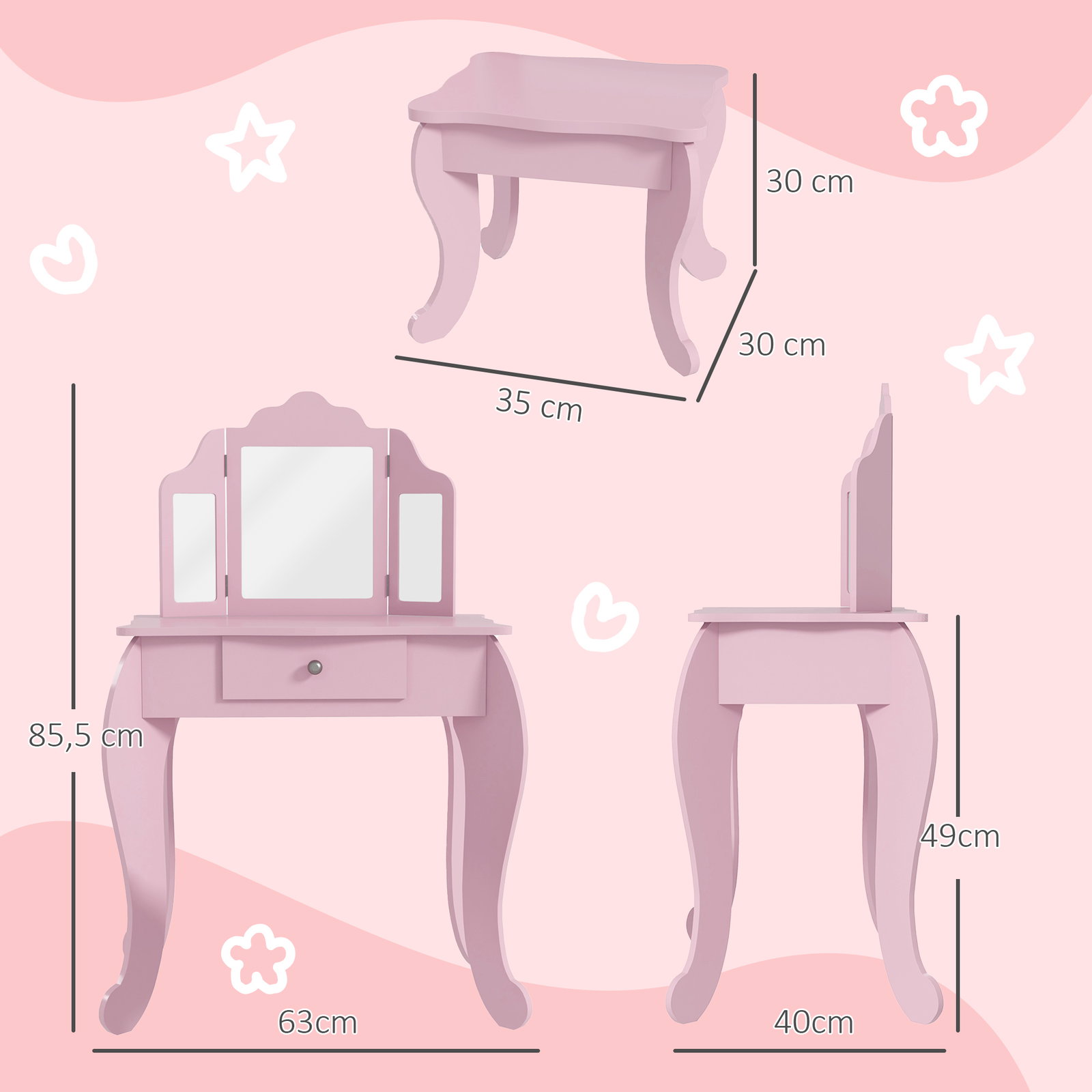 Toucador infantil de madeira com banco e espelho de acrílico de 2 seções mesa de maquilhagem infantil 63x40x85,5 cm rosa