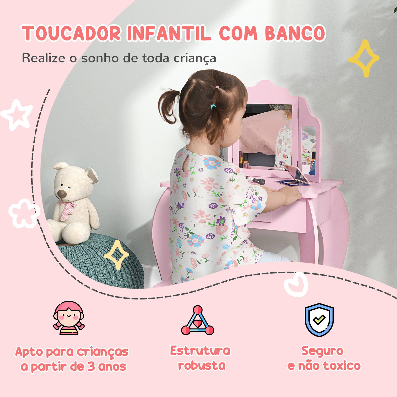 Toucador infantil de madeira com banco e espelho de acrílico de 2 seções mesa de maquilhagem infantil 63x40x85,5 cm rosa