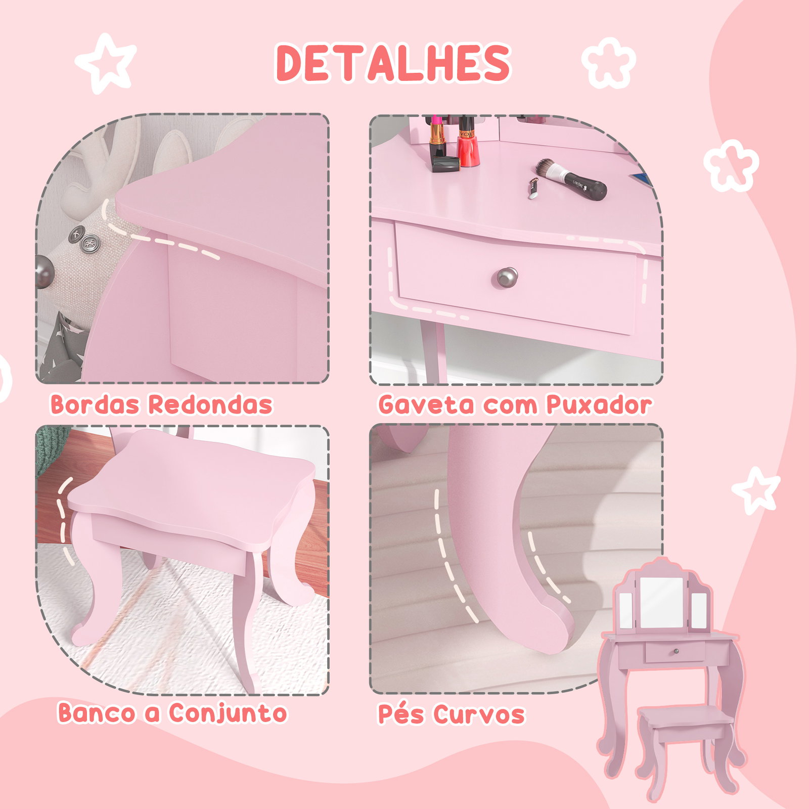 Toucador infantil de madeira com banco e espelho de acrílico de 2 seções mesa de maquilhagem infantil 63x40x85,5 cm rosa