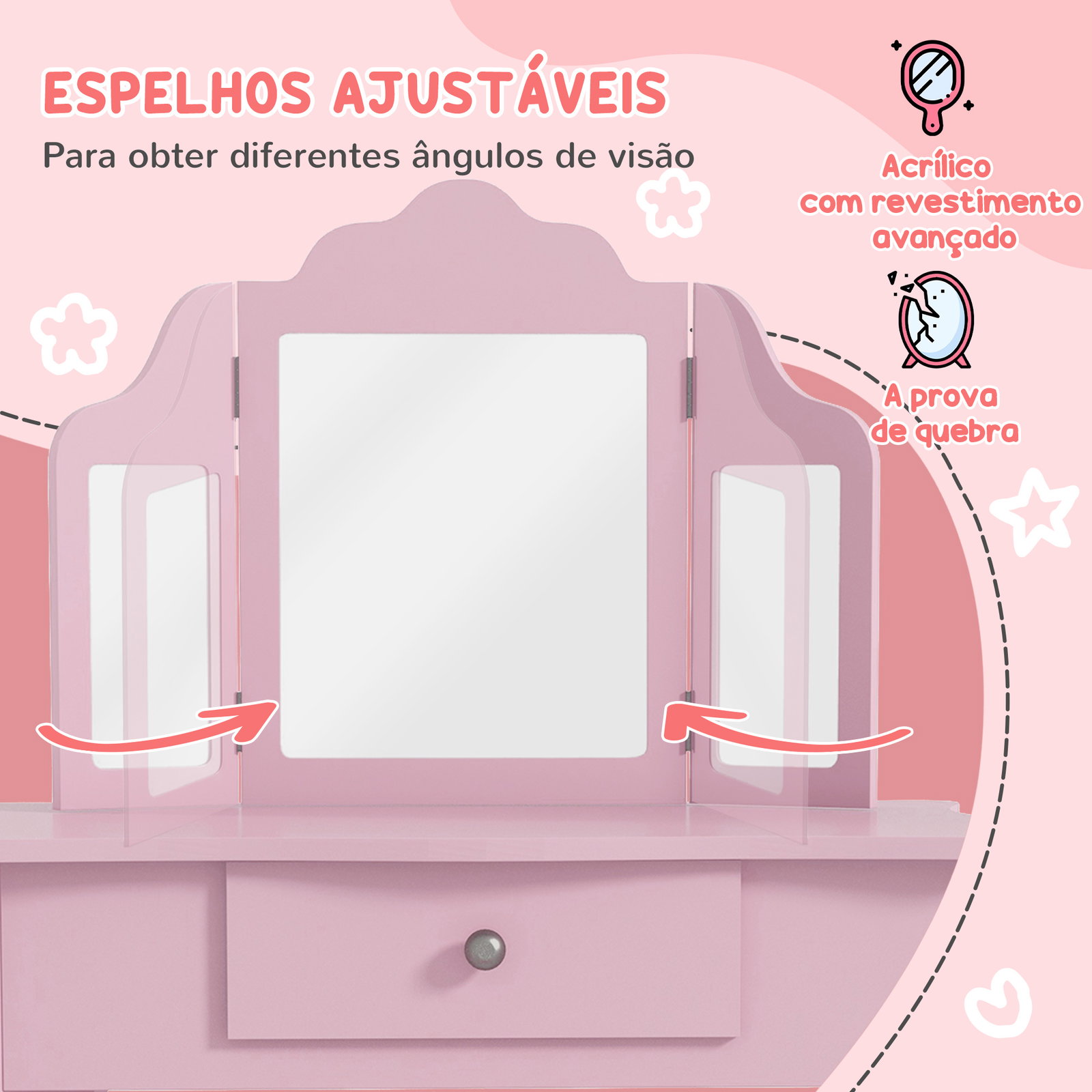 Toucador infantil de madeira com banco e espelho de acrílico de 2 seções mesa de maquilhagem infantil 63x40x85,5 cm rosa