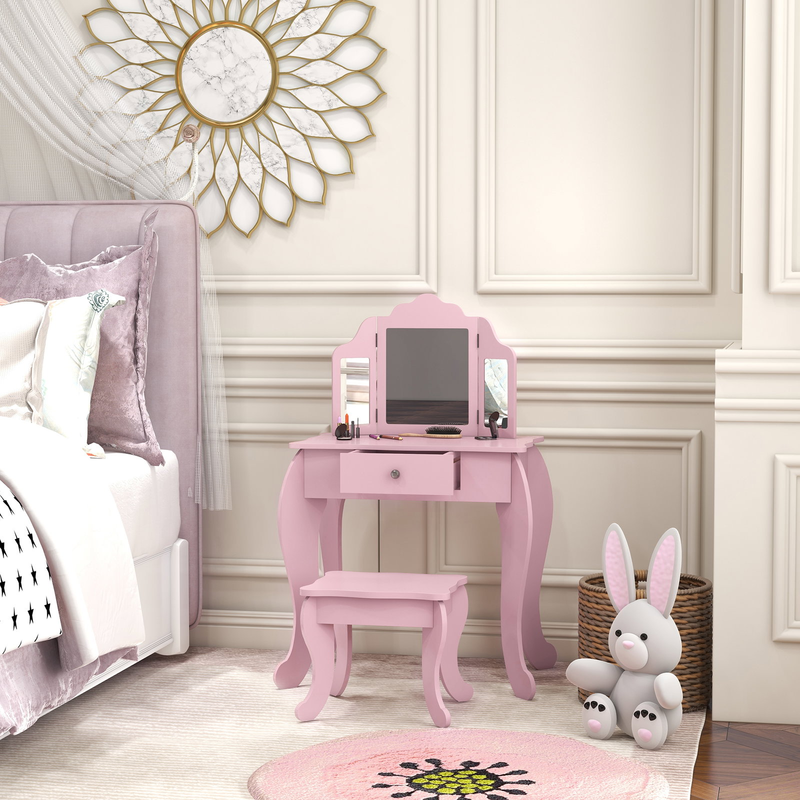 Toucador infantil de madeira com banco e espelho de acrílico de 2 seções mesa de maquilhagem infantil 63x40x85,5 cm rosa