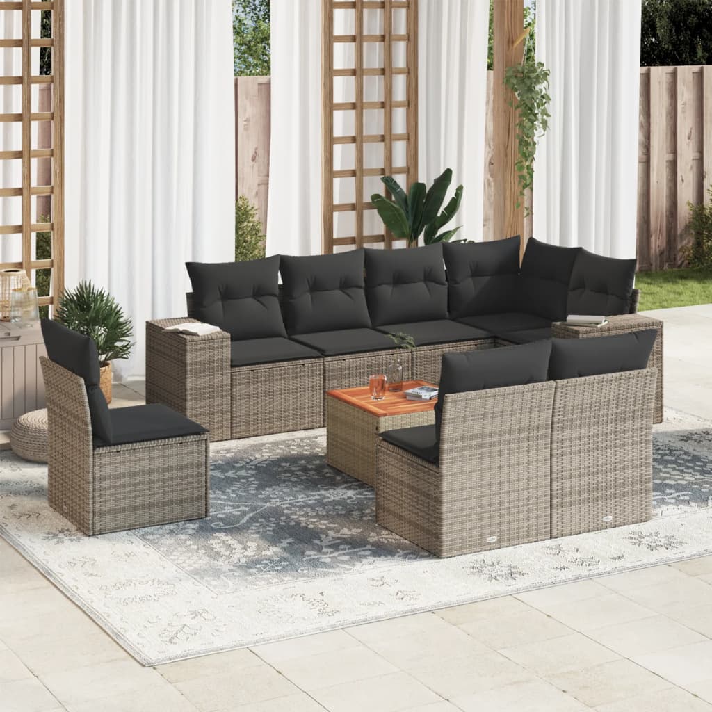9 Pcs conjunto sofás p/ jardim com almofadões vime PE cinzento
