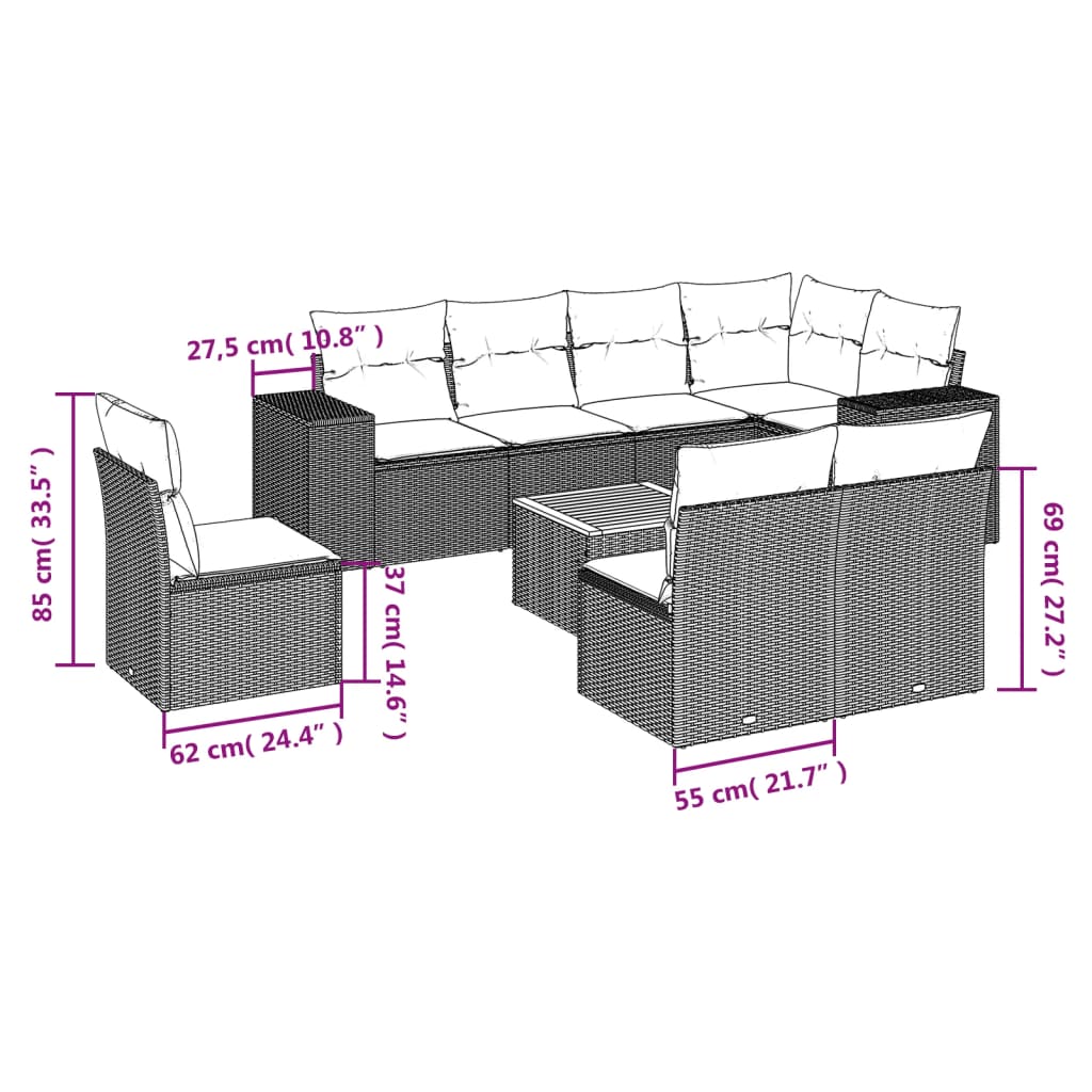 9 Pcs conjunto sofás p/ jardim com almofadões vime PE cinzento