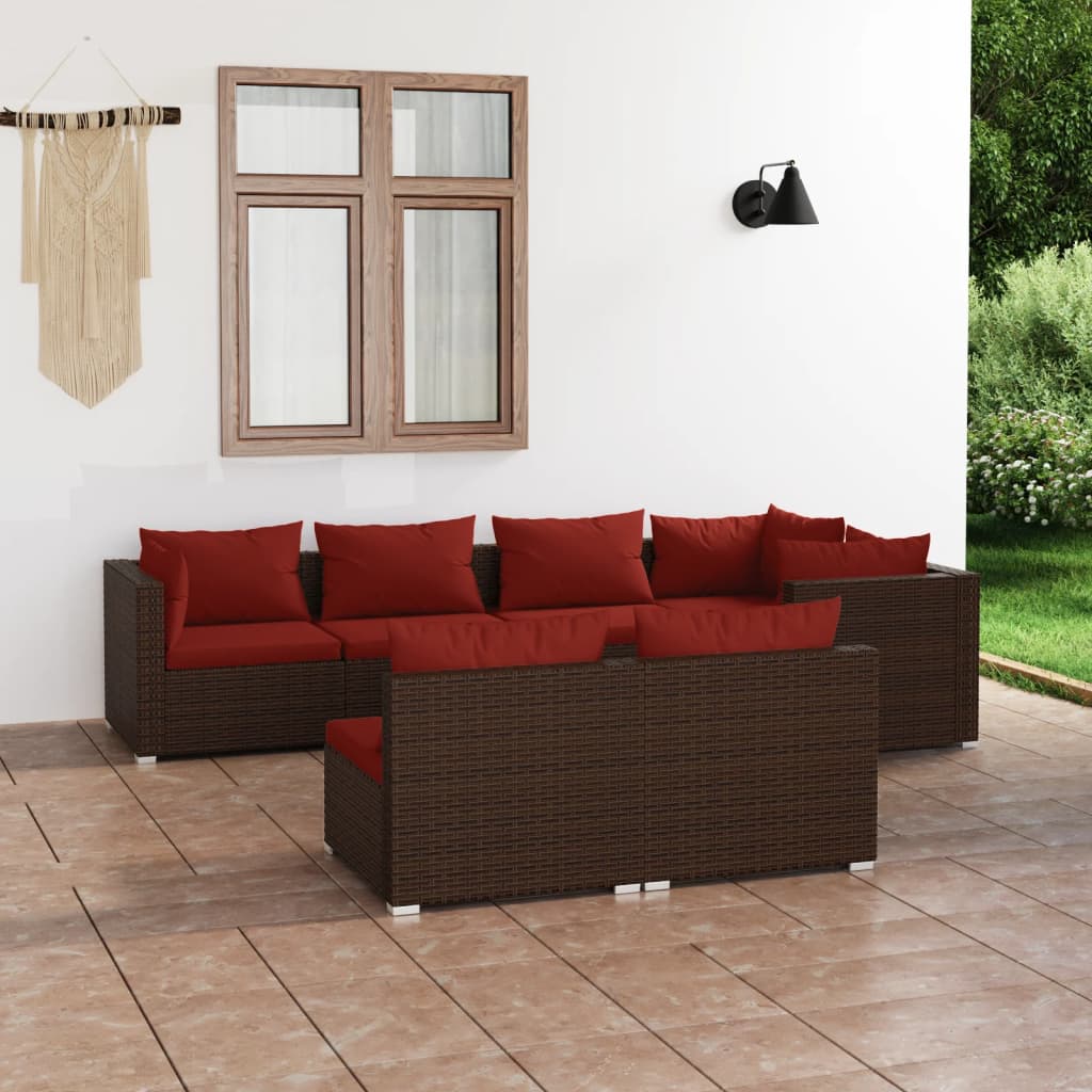7 Pcs conjunto lounge jardim c/ almofadões vime PE castanho
