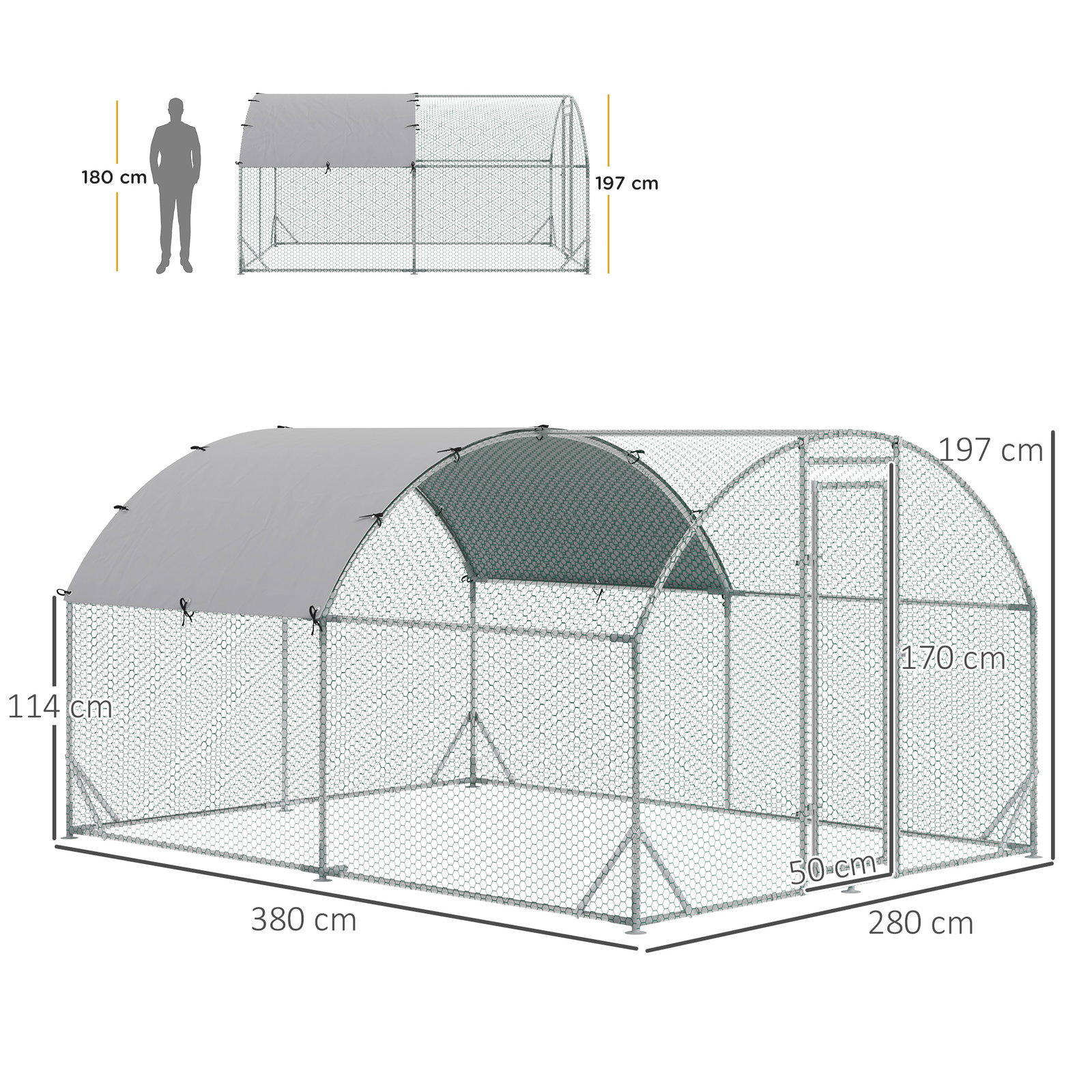 Galinheiro para exterior para 6-12 galinhas de aço galvanizado com teto de tecido oxford 2,8x3,8x1,97m prata