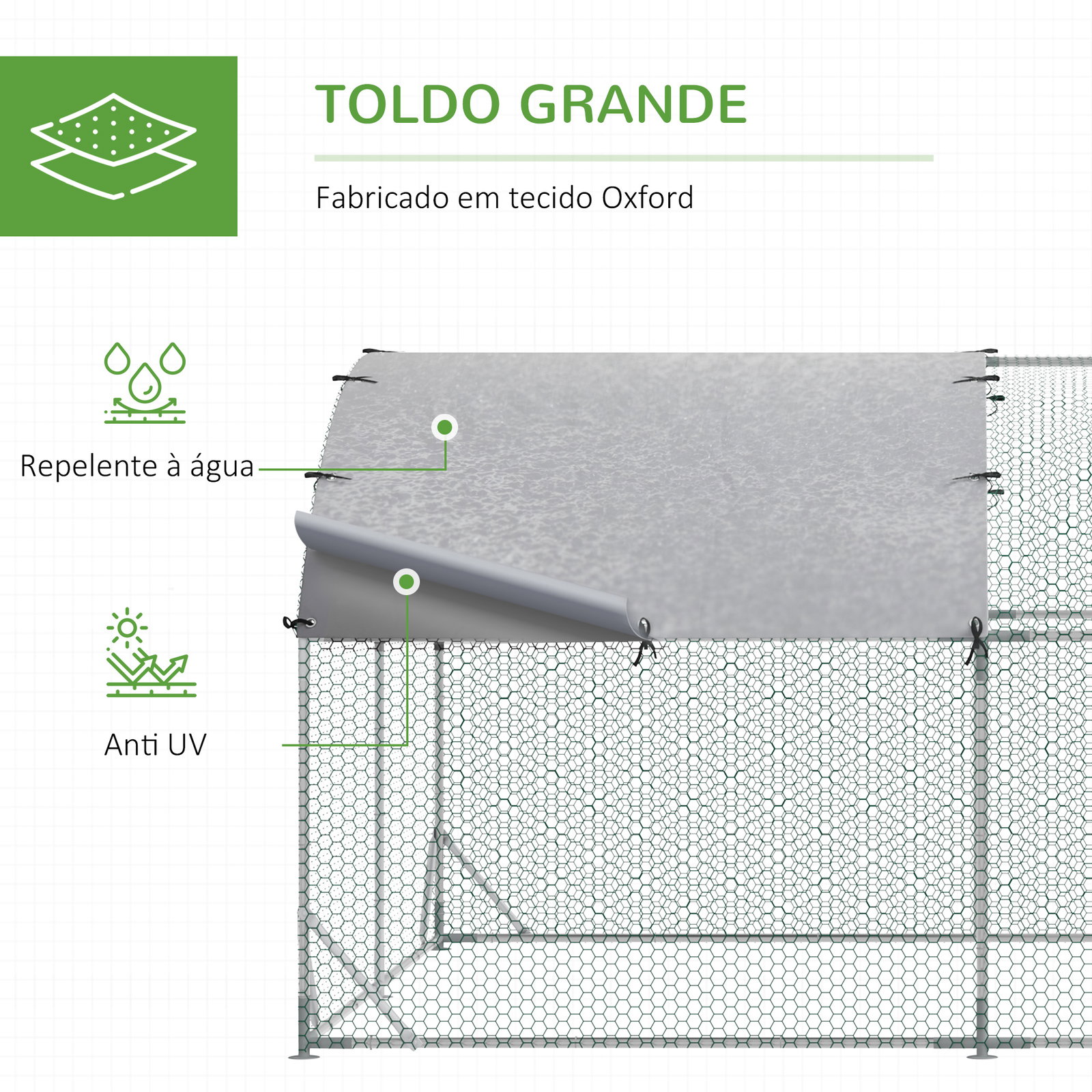 Galinheiro para exterior para 6-12 galinhas de aço galvanizado com teto de tecido oxford 2,8x3,8x1,97m prata