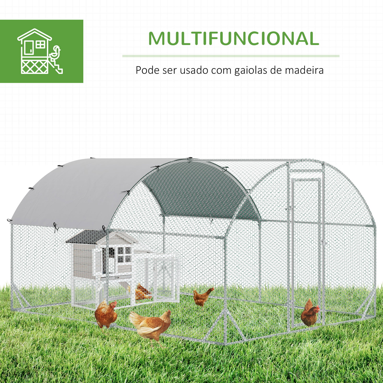 Galinheiro para exterior para 6-12 galinhas de aço galvanizado com teto de tecido oxford 2,8x3,8x1,97m prata