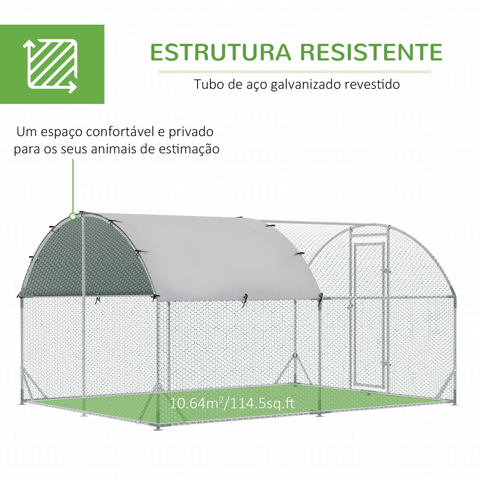 Galinheiro para exterior para 6-12 galinhas de aço galvanizado com teto de tecido oxford 2,8x3,8x1,97m prata