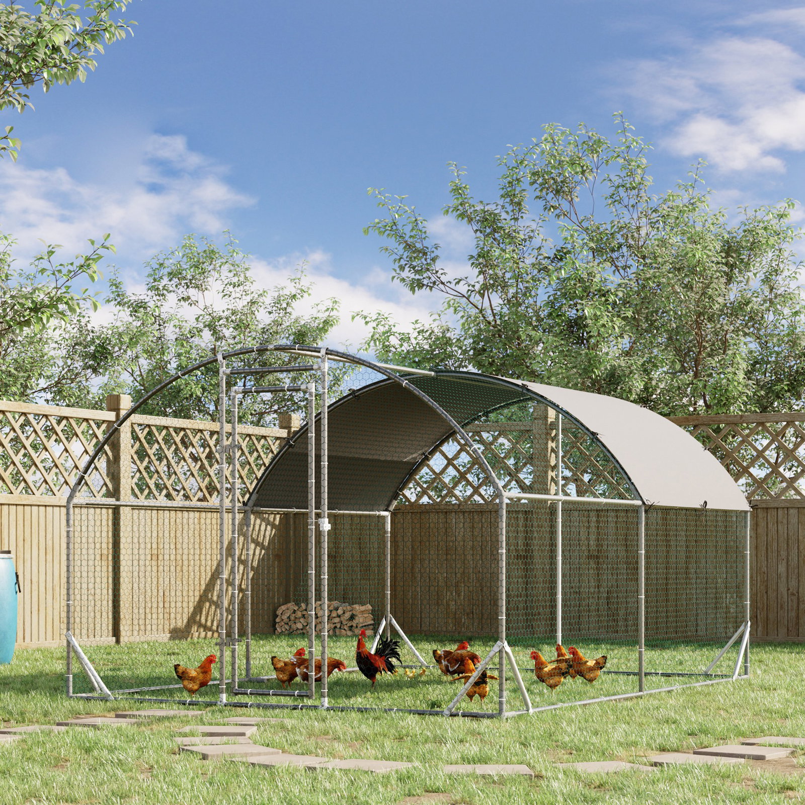 Galinheiro para exterior para 6-12 galinhas de aço galvanizado com teto de tecido oxford 2,8x3,8x1,97m prata