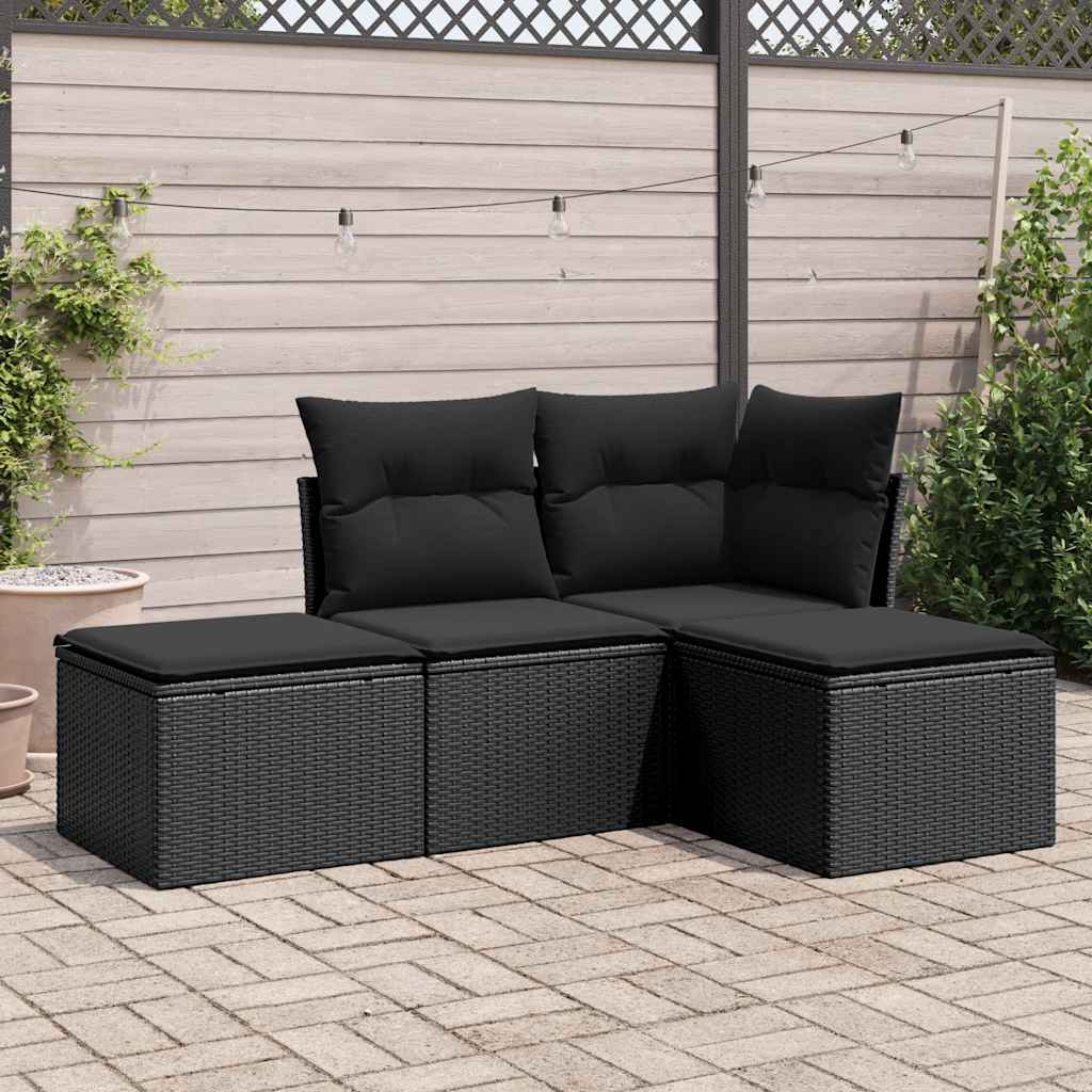 4 Pcs conjunto de sofás para jardim c/ almofadões vime PE preto