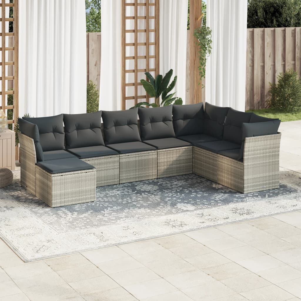 8 Pcs conj. sofás jardim c/ almofadões vime PE cinzento-claro