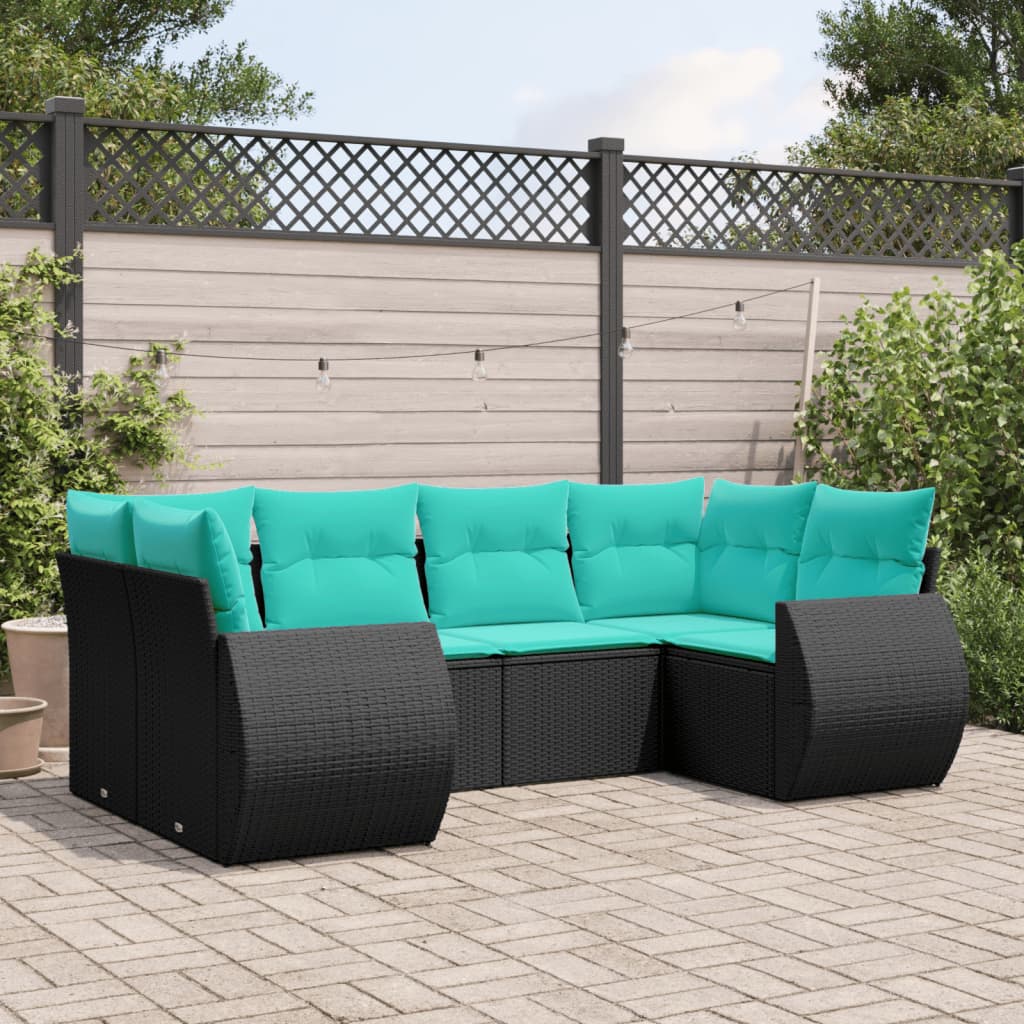 Conjunto de sofá de jardim com 6 peças e almofadas em rattan sintético preto