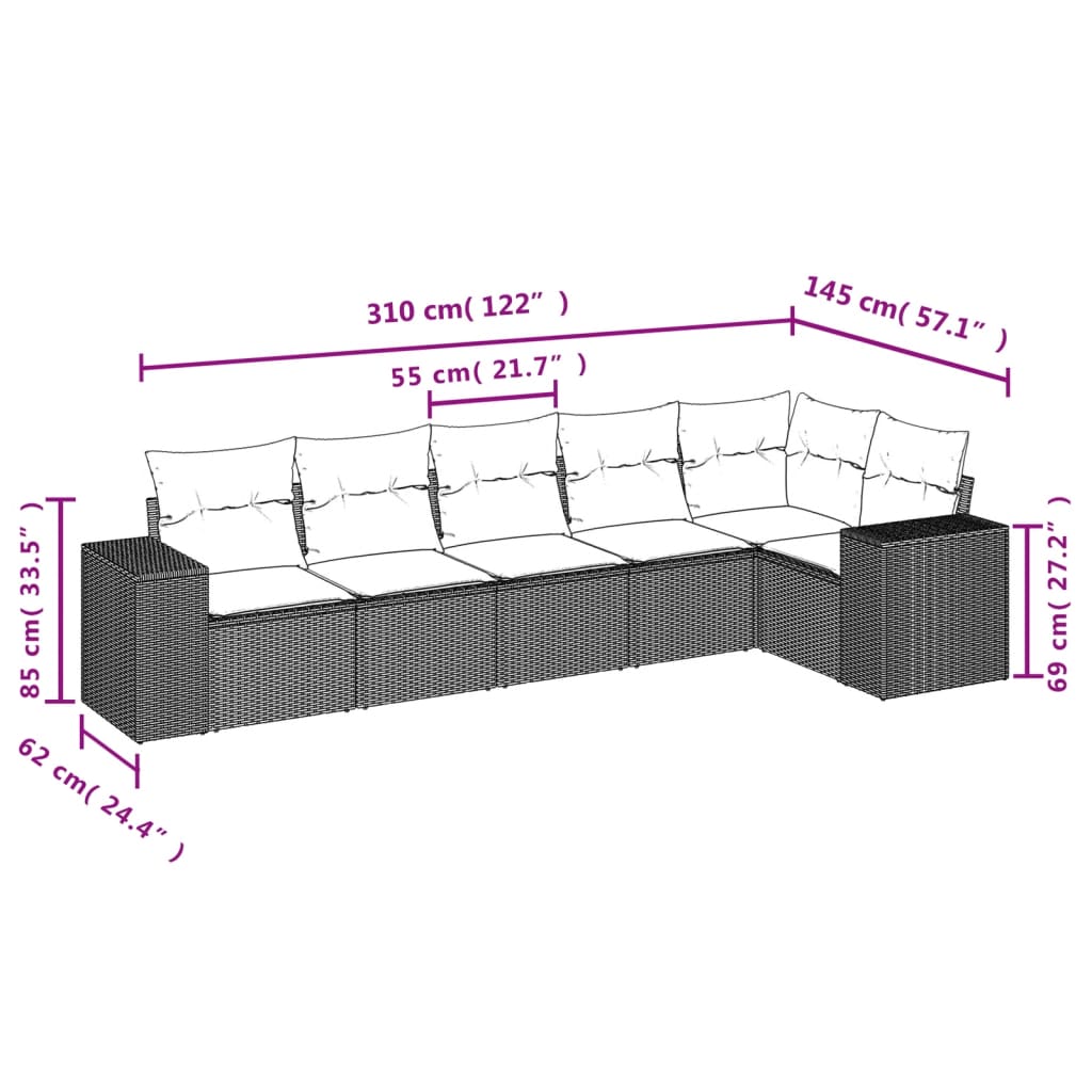 6 Pcs conjunto sofás de jardim com almofadões vime cinzento
